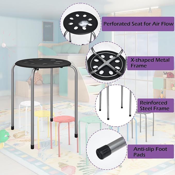 POWERSTONE Stackable Stools Set of 6, 17.5in Portable Stacking Bar Stool Grey Classroom Stools with Iron Legs Round Nesting Chairs Flexible Seating for Home Office School