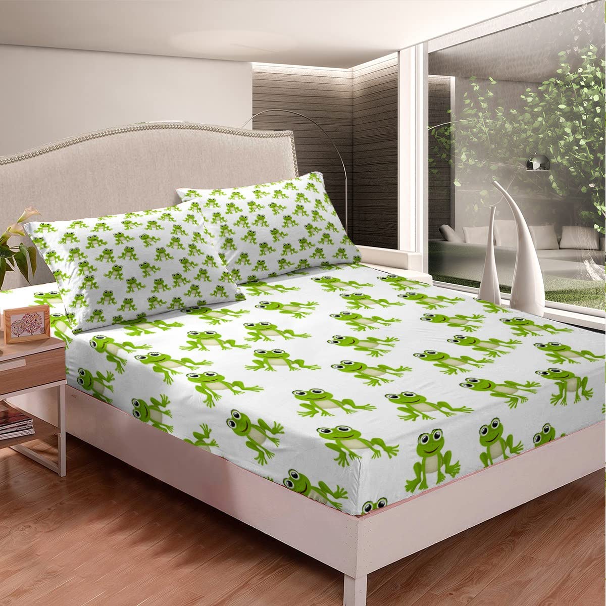Feelyou Kids Frog Sheet Set Cute Green Frogs Bed Sheets for Boys Girls Children Wild Animal Decor Bed Sheet Set Kawaii Pattern Bedding Set Bedroom Bed Set with Deep Pocket Fitted Sheet 3Pcs Twin Size
