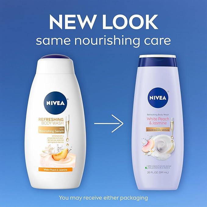 NIVEA Refreshing White Peach and Jasmine Body Wash with Nourishing Serum, Scented Body Wash for Women, Enriched with Provitamin B5 and Vitamin E, 20 Fl Oz Bottle (Pack of 2)