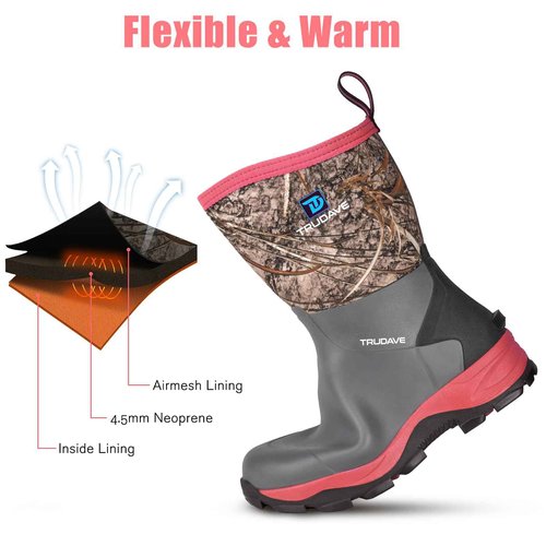 Trudave Rubber Rain Boots for Women, Neoprene Insulated Mud Work Boots, Anti-slip Breathable Mid-calf Womens Waterproof Boots for Garden, Water Fishing, Pink, Size 10