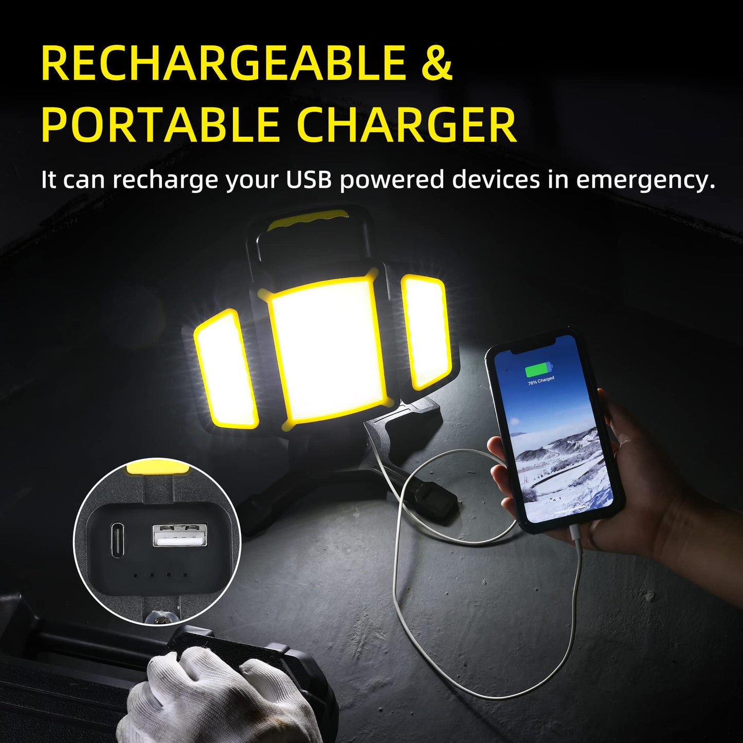 Yzoni Rechargeable Work Light, 30W 3000Lumen LED Work Light with 5 Modes, Battery Powered Magnetic Lights with 360°Rotate Foldable Design, Job Site Lighting for Car Repair, Garage, Workshop, Camping