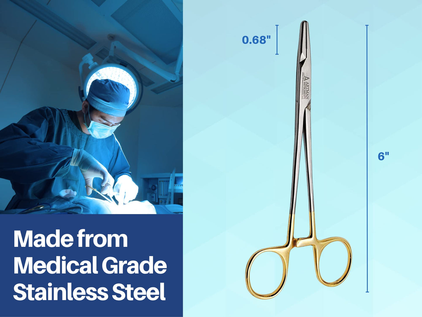 ARTMAN INSTRUMENTS Mayo Hegar Needle Holder 6" Tungsten Carbide Inserts, Gold Plated Needle Driver with Strong Lock, Serrated Jaws for Precise Suturing, Autoclavable
