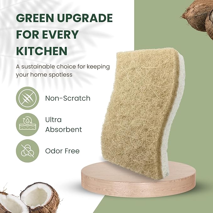VIREO 12 Pack Eco Sponges – Natural Biodegradable Cellulose & Coconut Fiber Kitchen Scrubbers – Compostable, Odor-Free, Non-Scratch, Zero Waste Sponges for Dishwashing & Cleaning