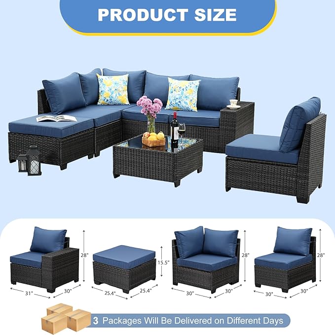 SunloungeCo 7 Pieces Outdoor Patio Furniture Set, Wicker Conversation Sets with Tea Table, Rattan Patio Sofa with Thick Cushions for Garden, Backyard Porch, Poolside,Navy