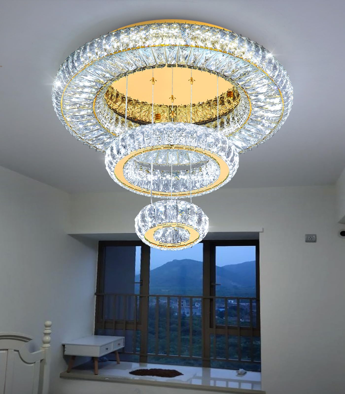 24'' Modern Crystal Chandeliers for Living Room LED Dimmable Ceiling Light Fixtures for Flush Mount Light for Bedrooms Foyer Hallway Entryway Gold