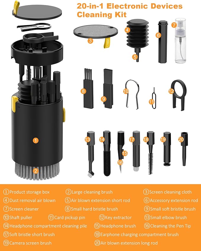 20-in-1 Laptop Phone Screen Keyboard Cleaner Kit, Multifunctional Cleaning Kit for AirPods, iPhone, iPad, Electronic Device Cleaning Tool for Camera PC Monitor Earbud TV Tablet Phone Car Screens
