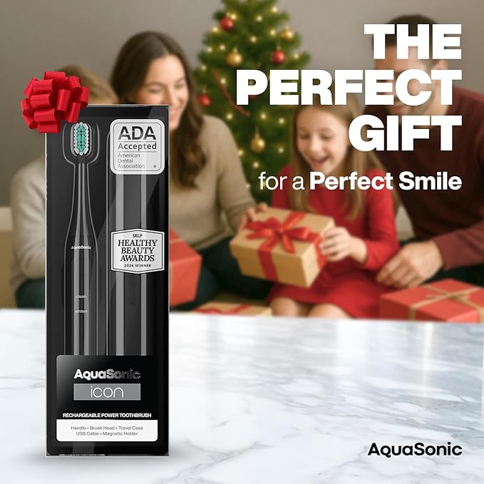Aquasonic Icon ADA-Accepted Rechargeable Toothbrush | Magnetic Holder & Slim Travel Case | 2 Brushing Modes & Smart Timers | Gentle Micro-Vibrations(Onyx)