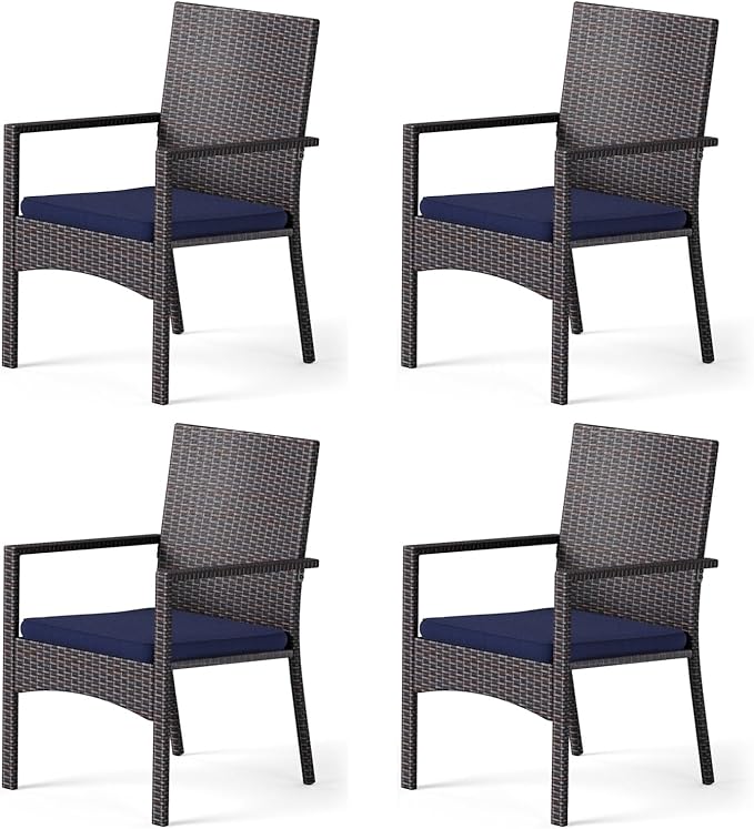 MFSTUDIO Patio Rattan Chairs Set of 4, Wicker Outdoor Dining Chairs Set of 4, All Weather Patio Armchairs w/Armrests, Steel Frame, Brown, 330lbs