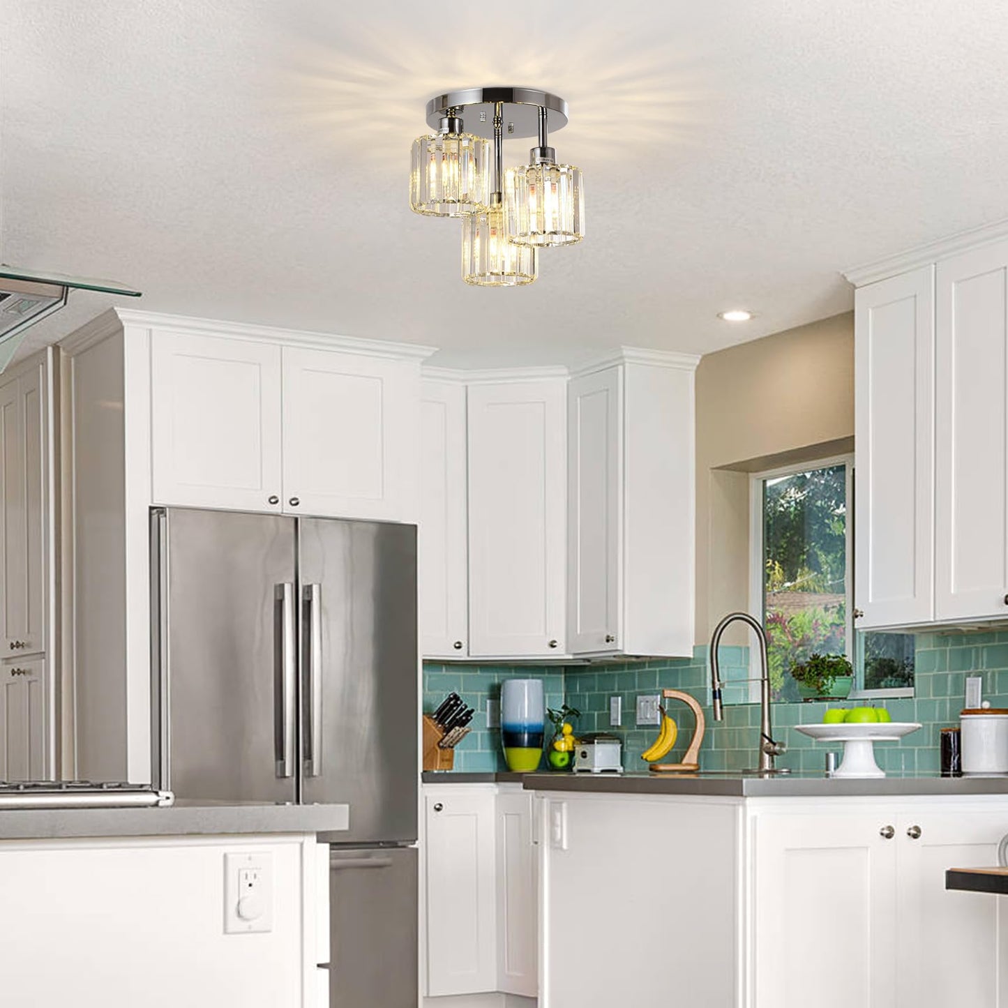 PAUFUL Semi Flush Mount Ceiling Light,3-Light Modern Close to Ceiling Light Fixtures,Kitchen Light with Clear Crystal Shades, Hallway Light Fixtures for Kitchen Entryway Bedroom Bathroom Foyer