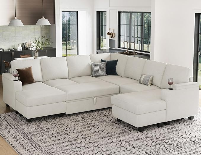 Belffin Modular Sectional Sofa with Pull Out Couch Bed Sectional Couch Convertible Sleeper Sofa with Cup Holder. White