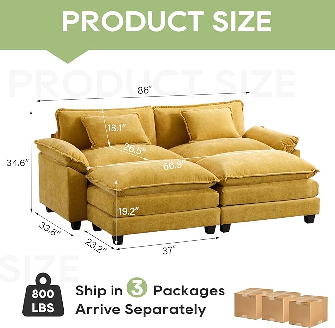 Oprisen 86" Modular Sectional Sofa, Comfy Cloud Couch Sectional Sofa with Ottoman, Chenille Sofa Sleeper Deep Seat Sofa with Throw Pillows for Living Room (Yellow)