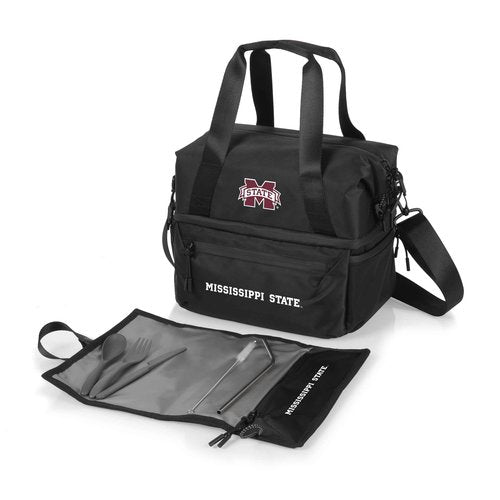 PICNIC TIME NCAA Mississippi State Bulldogs Tarana Lunch Bag Cooler with Utensils Made from Recycled Material, Lunch Box with Picnic Set, Upcycled Lunch Cooler Bag, (Carbon Black)