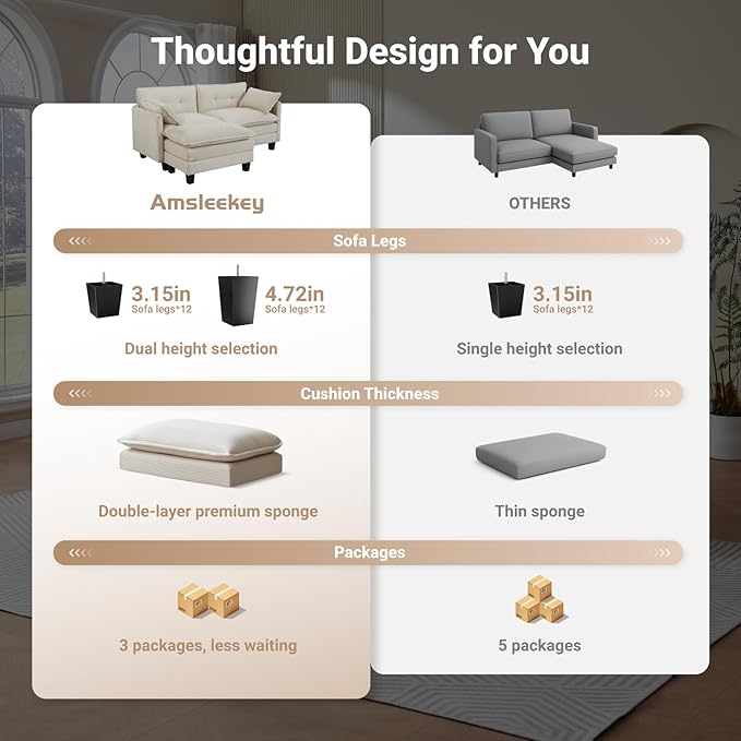 Amsleekey Modular Sectional Sofa, 76.5" L-Shaped Corduroy Comfy Sectional Couches for Living Room, 2-Seater Cloud Couches with 1 Movable Ottoman, Flexible Combination Modern Deep Seat Sofa (Beige)