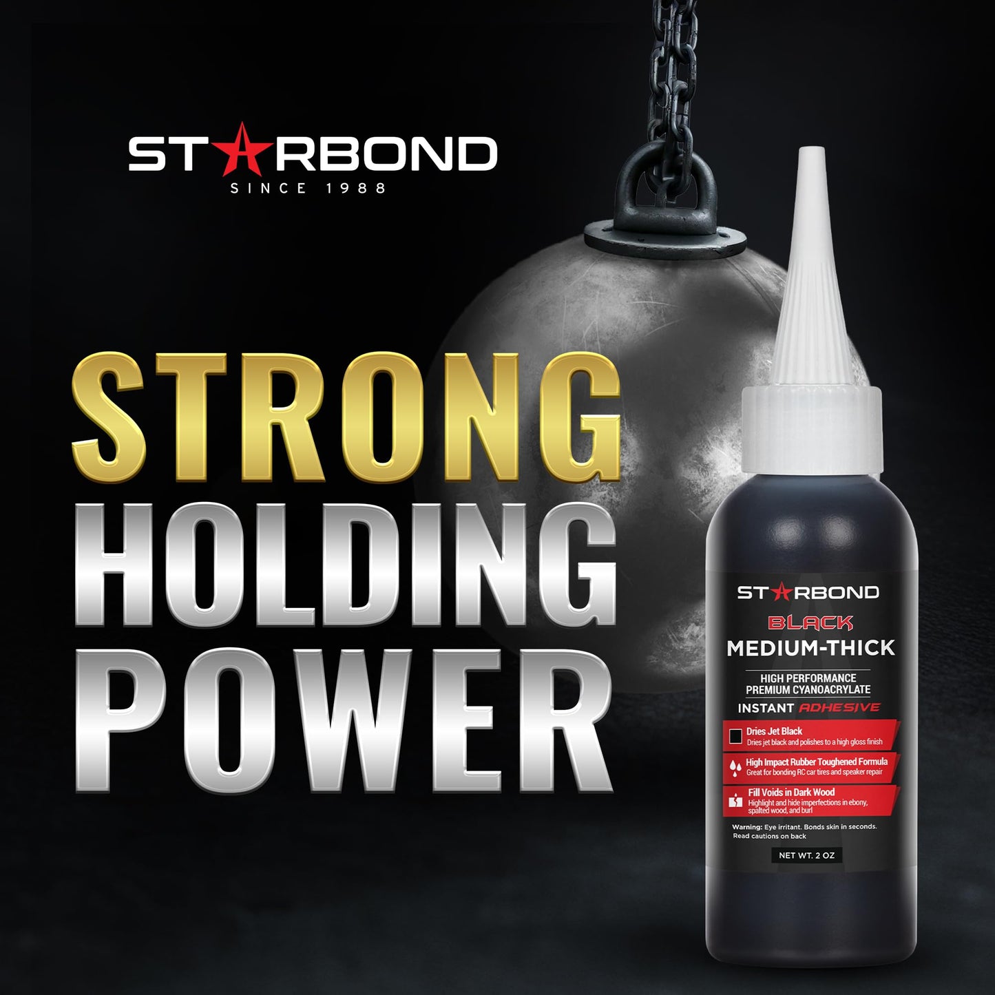 STARBOND Black Medium-Thick CA Glue Pro Kit (2 oz) – Rubber-Toughened, Impact-Resistant Cyanoacrylate Super Glue – for Durable Knot Filling, Crack Repair, Woodworking, Guitar, Hobby & RC Projects