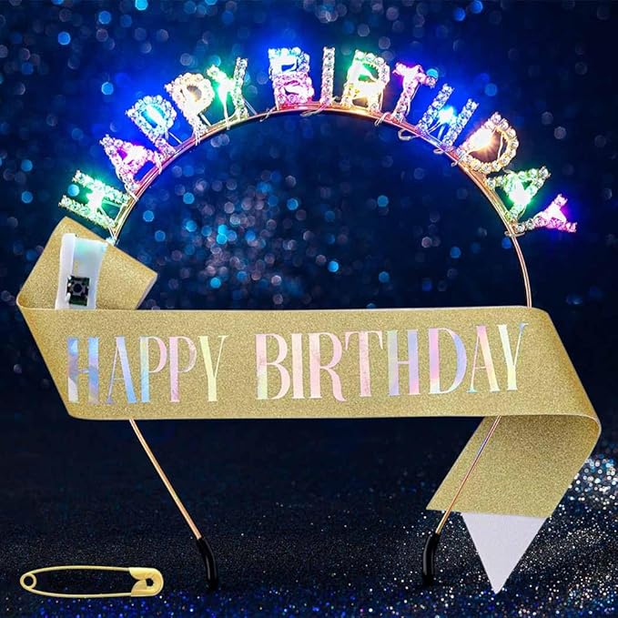 Aceorna Light Up Birthday Headband LED Gold Rhinestone Happy Birthday Crown and Sash Glitter Accessory Set for Women