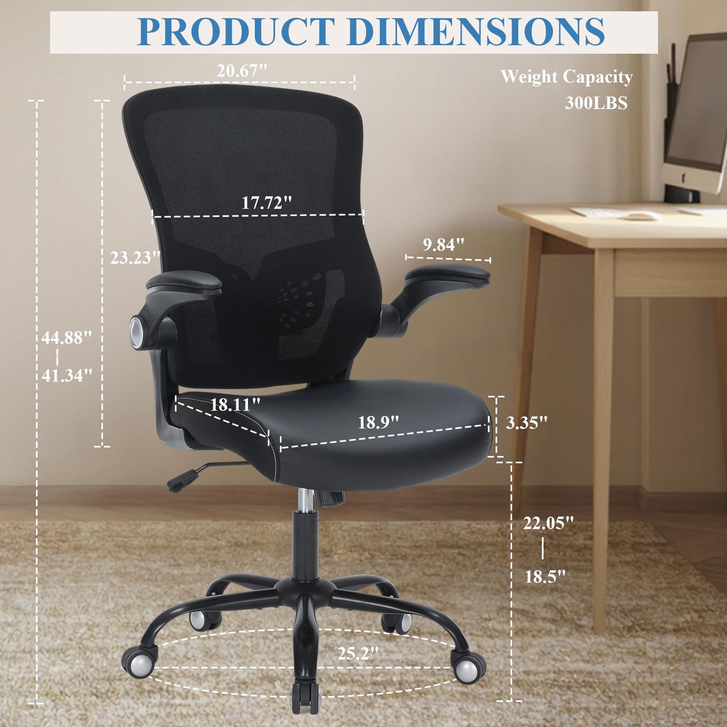 Office Chair PU Leather Cushion, Ergonomic Desk Chair with Flip-Up Arms, 300 LBS Home Office Desk Chairs Adjustable Seat Height & Lumbar Support, Executive Comfy Swivel Task Computer Chair