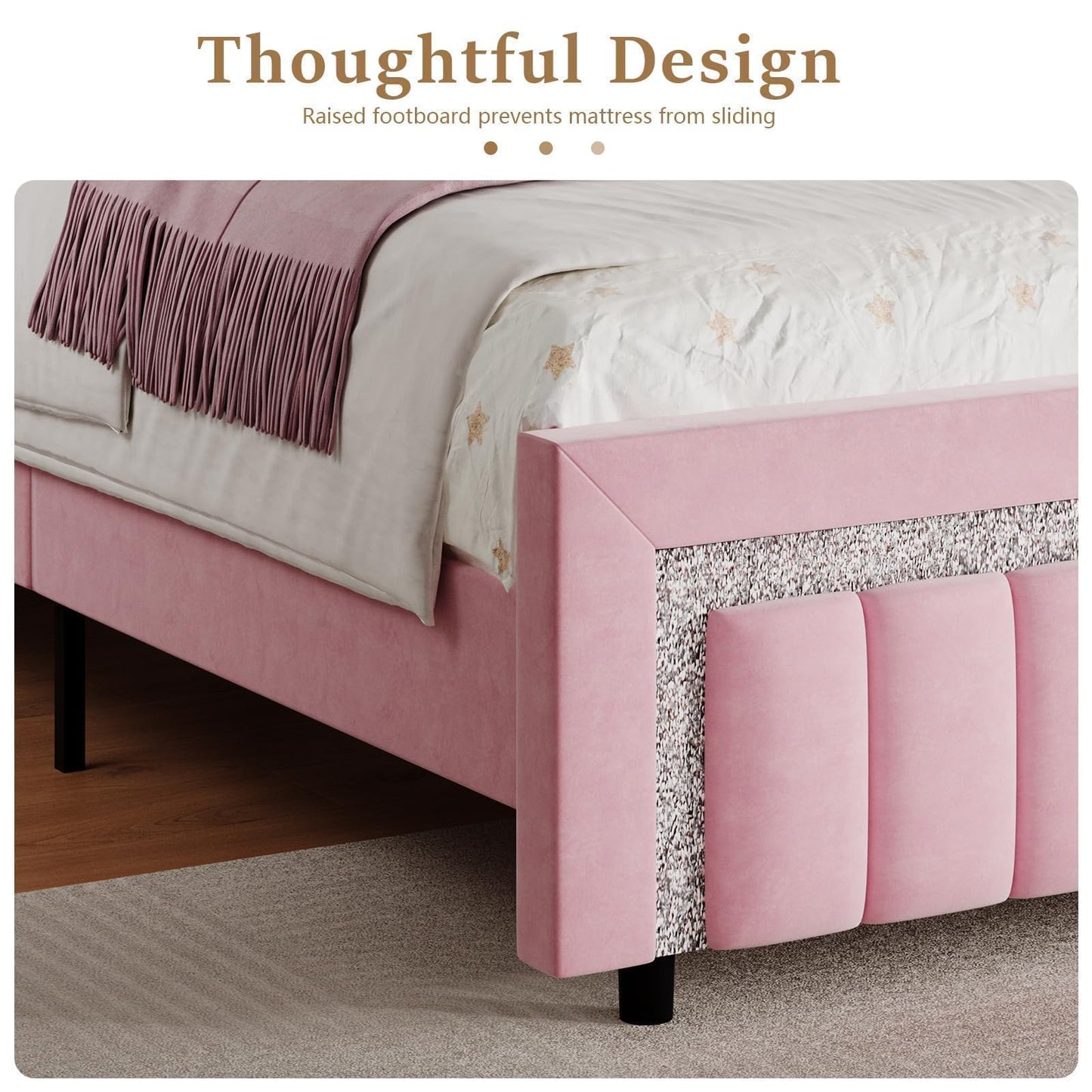 Queen Bed Frame with Headboard, Pink Velvet Upholstered Bed Frame with Diamond Footboard, Soft Bed Frames, Vertical Channel Tufted Design, No Box Spring Needed, Easy Assembly, Pink