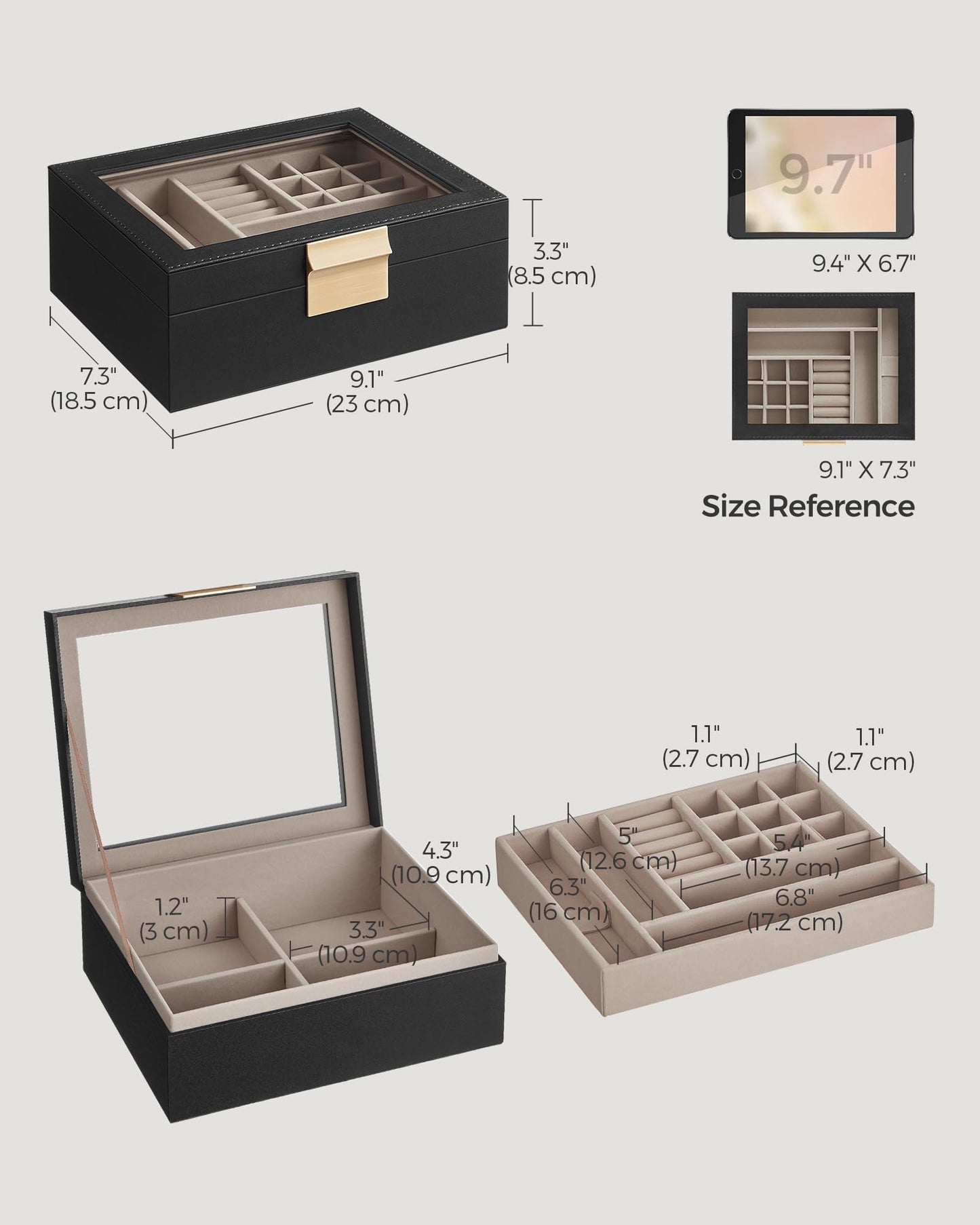 SONGMICS Jewelry Box with Glass Lid, 2-Layer Jewelry Organizer with Removable Tray, Jewelry Storage, Modern Style, Gift for Love