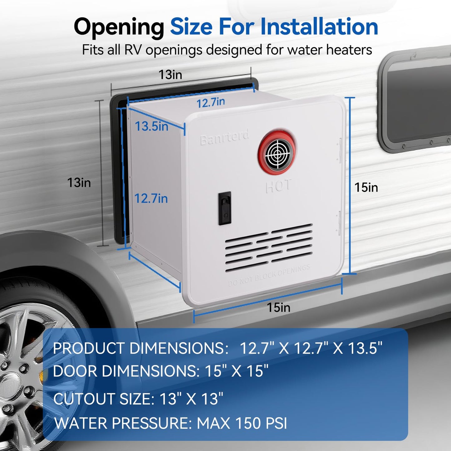 Banrterd RV Tankless Water Heater, 55000 BTU On Demand Instant Hot Water Heater, High Altitude Available, 15x15 inch White Door and Front Water Outlet, DC 12V CSA Certificated, Compatible with all RVs
