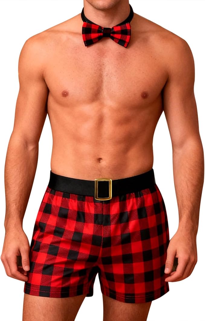 RSLOVE Santa Boxers for Men - 2PCS Christmas Shorts Plaid Outfits Holiday Briefs with Bow Tie