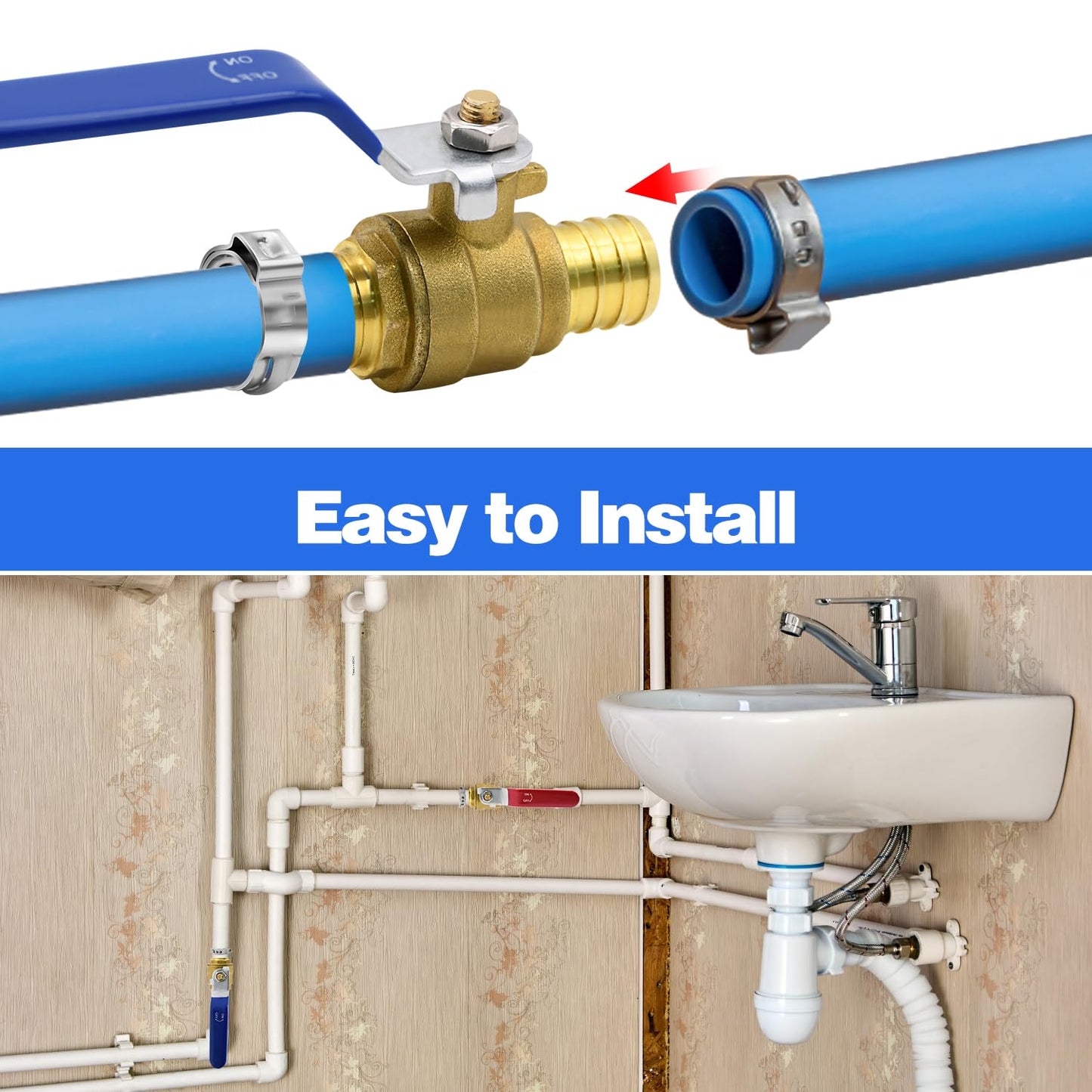 10pcs PEX Ball Valves, 3/4" PEX Brass Full Port Shut Off Ball Valve, Full Port Shut-off Ball Valve, Quarter Turn HOT (RED) COLD (BLUE) of Water Stop Shut off