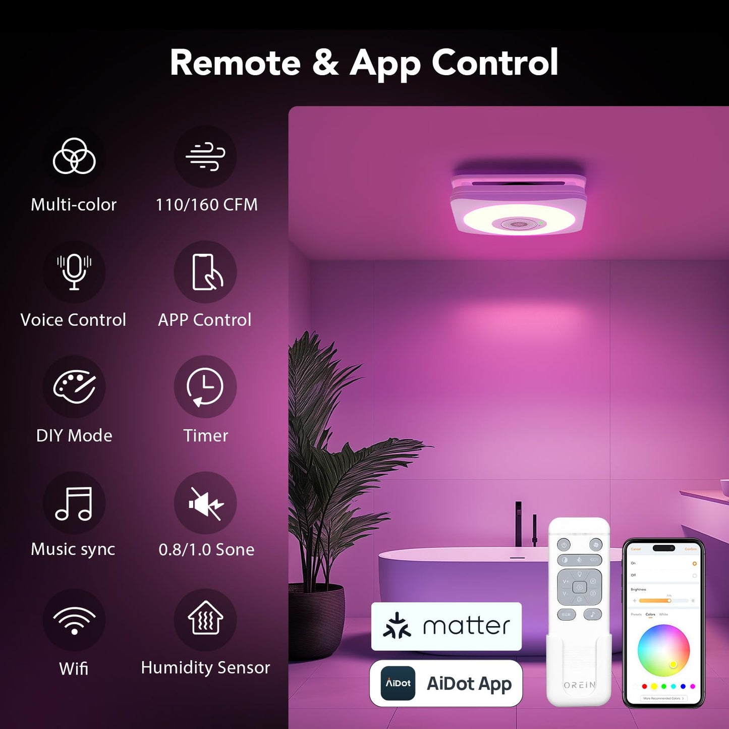 Orein 4-In-1 Matter Smart Bathroom Exhaust Fan With Bluetooth Speaker, Led Light & Humidity Sensor, 110/160 Cfm, Alexa/App/Remot