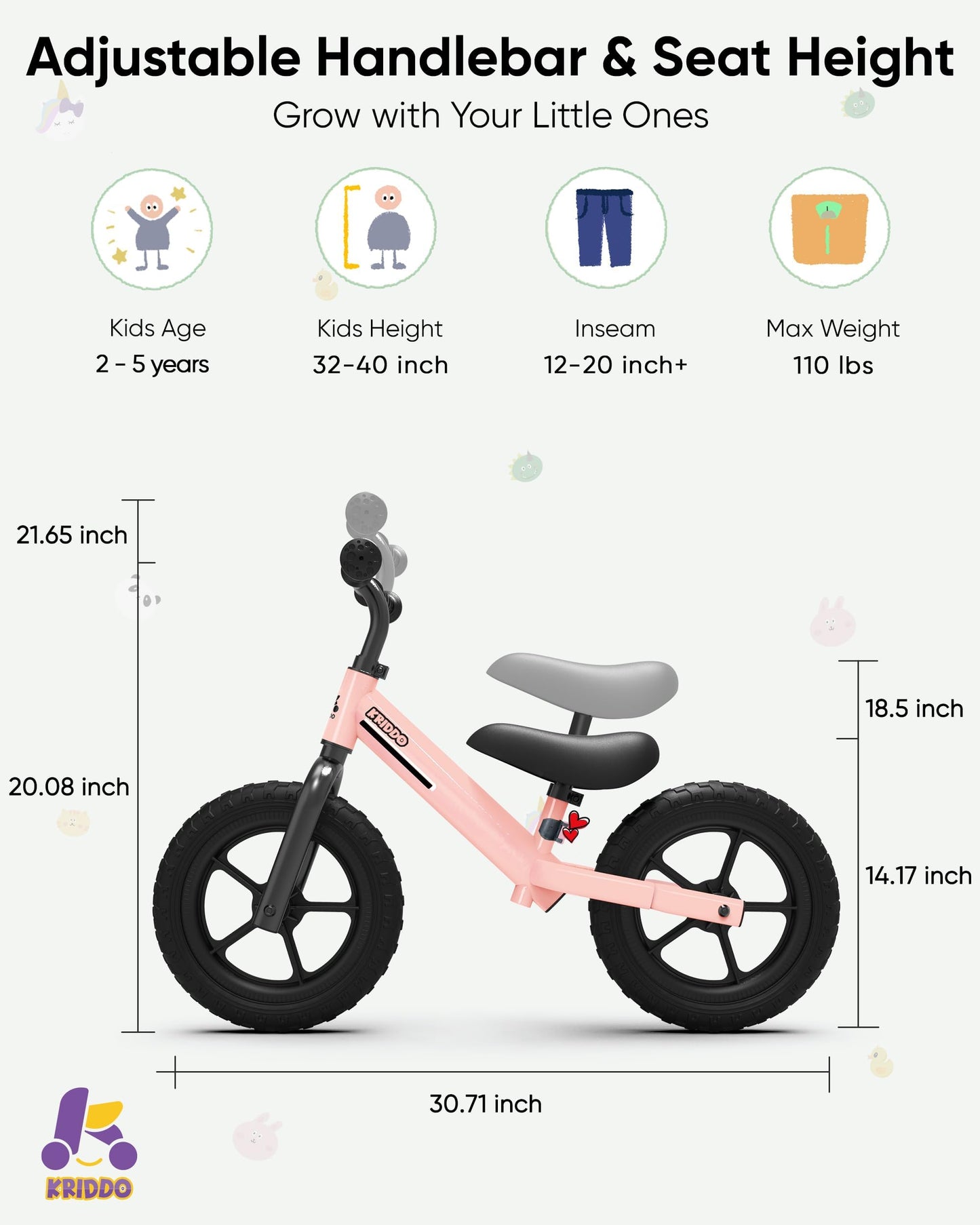 KRIDDO Toddler Balance Bike 2 Year Old, Kids Balance Bike for 2-5 Years Old, Dual Bearing for Smoother Riding, Adorable Plate, Adjustable Seat and Handlebar, Toddler Bike Gifts Age 2-3