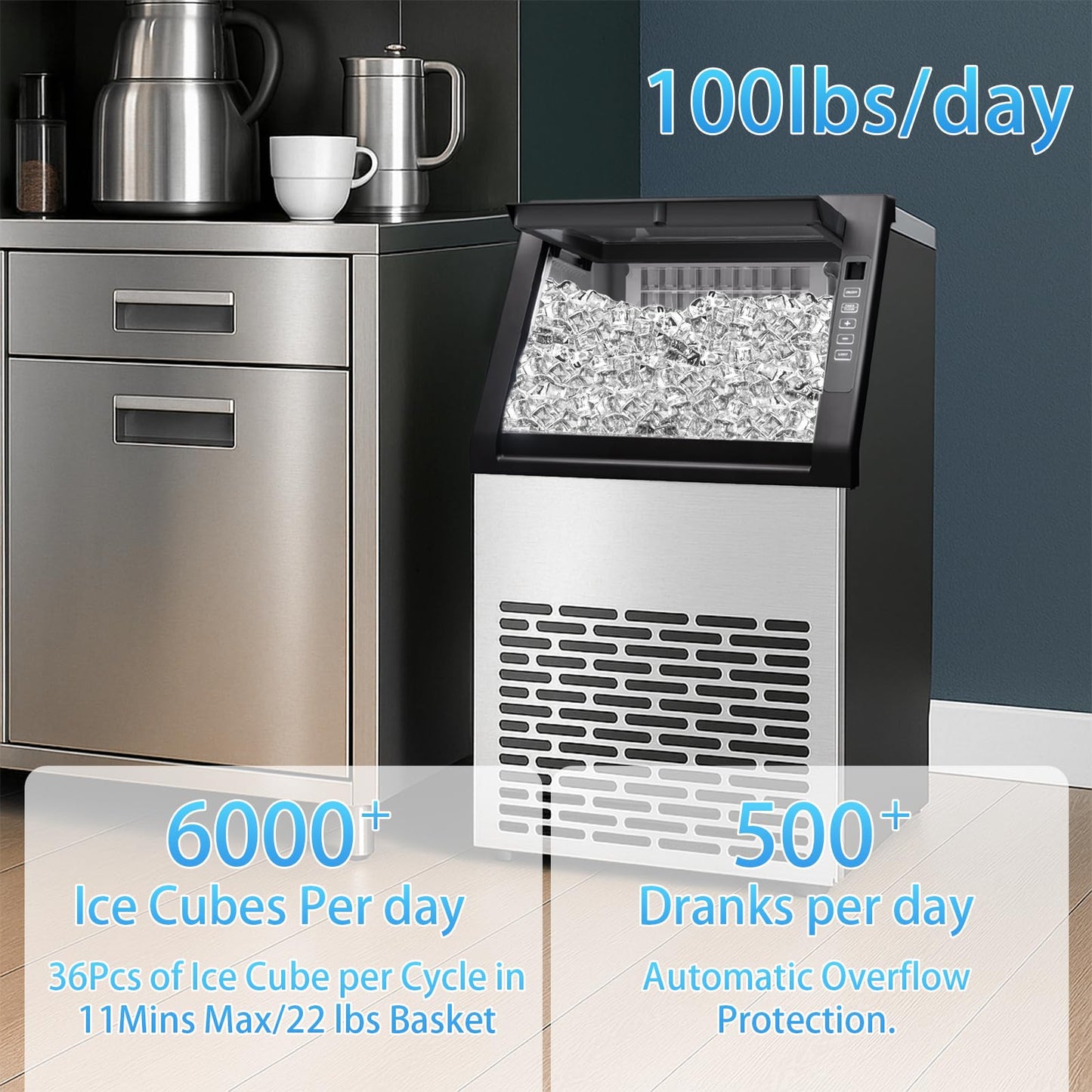 Commercial Ice Machine,100LBS/Day Stainless Steel Freestanding Large Ice Maker,36 Cubes in 11Mins,24H Timer,Self-Cleaning, Ideal for Restaurant, Bars, Home and Offices