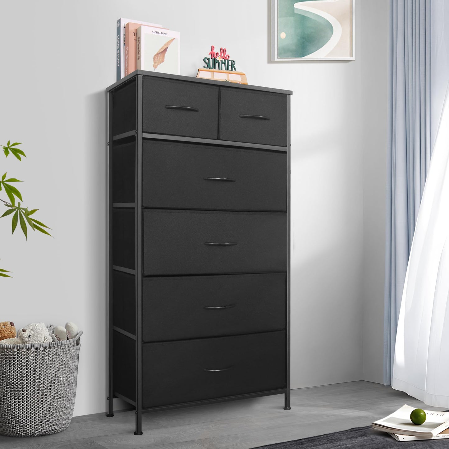 Mifuro Tall Dresser for Bedroom, Vertical Storage Organizer Tower with 7 Drawers, Chest of Drawers with Fabric Bins, Steel Frame, Wood Top for Bedroom, Closet, Entryway- Black