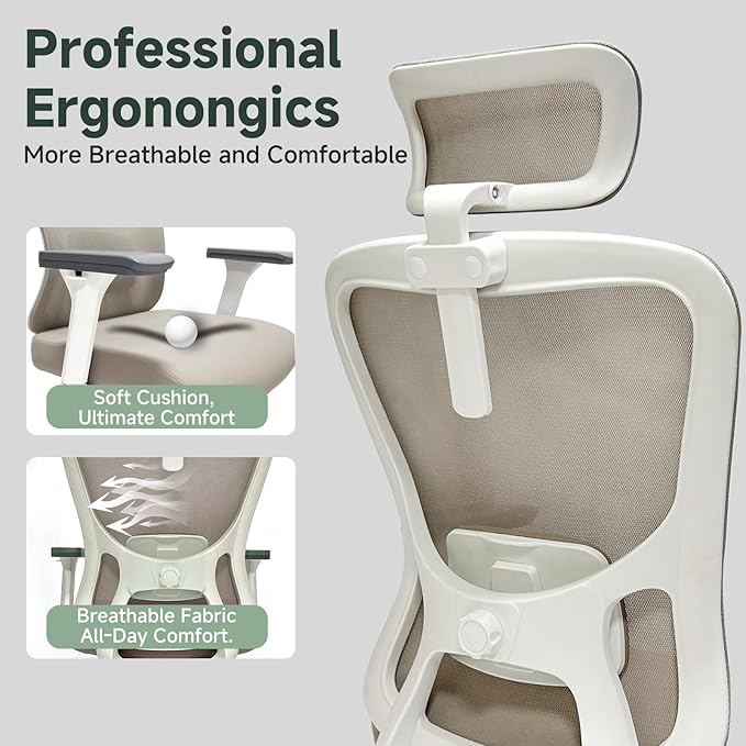 ZYFFHYLAI Ergonomic Office Chair - 350LB Mesh Office Chair with Adjustable Lumbar, High Back Computer Chair with 3D Armrests, Comfy Chair with 2D Headrest & Tilt Function for Study, Work, Gaming