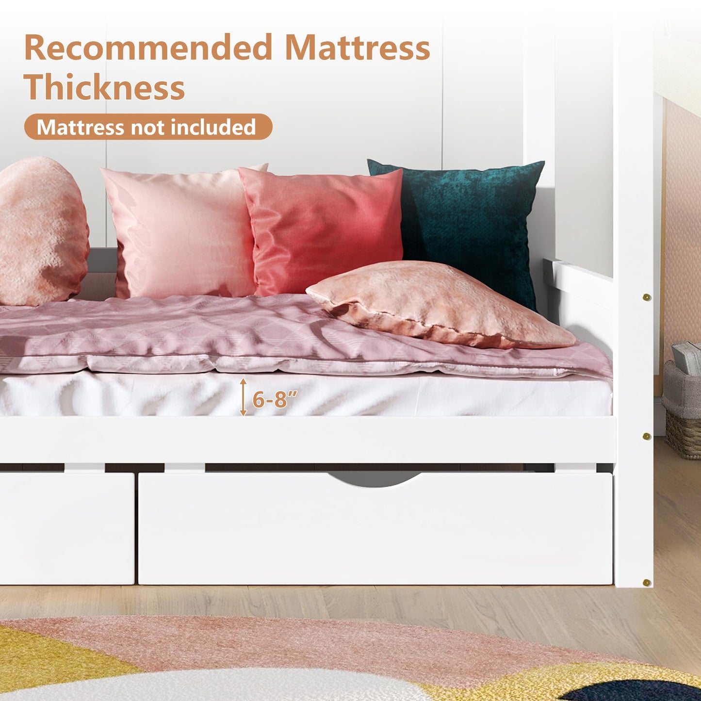 HUMEHA Twin Size Kids House Bed with 2 Storage Drawers, Twin House Bed Frame with Roof and Window, Twin Bed Frames for Kids with Slats, Modern Wooden Montessori Bed for Bedroom, White