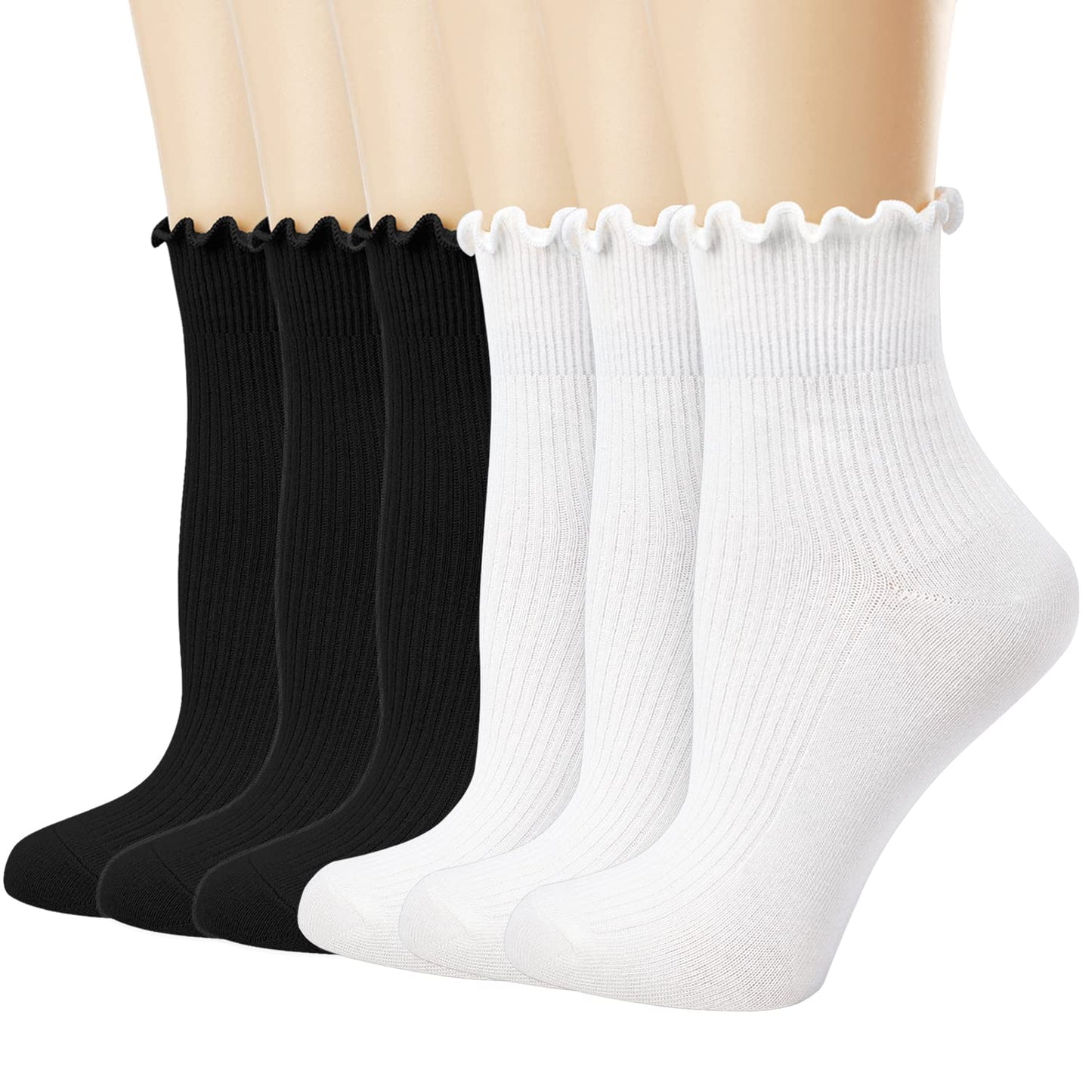 Mcool Mary Women's Ruffle Socks,Casual Cute Ankle Socks Breathable Knit Cotton Soft Frilly Crew Socks for Women 6 Pack ((3black+3white)-1)
