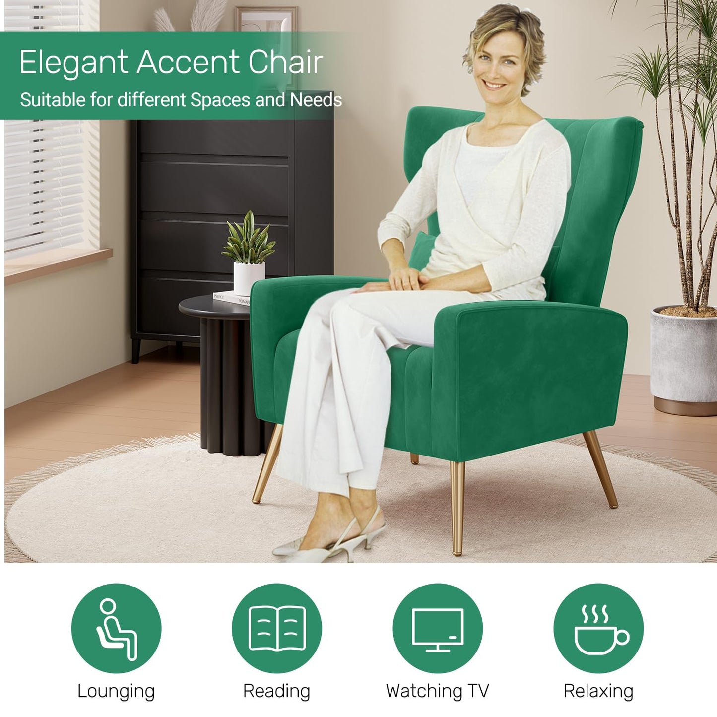 Nebuaegis Velvet Accent Chair Wingback for Living Room, High Back Arm Chair with Golden Legs Lumbar Pillow, Upholstered Single Sofa Bedroom Green