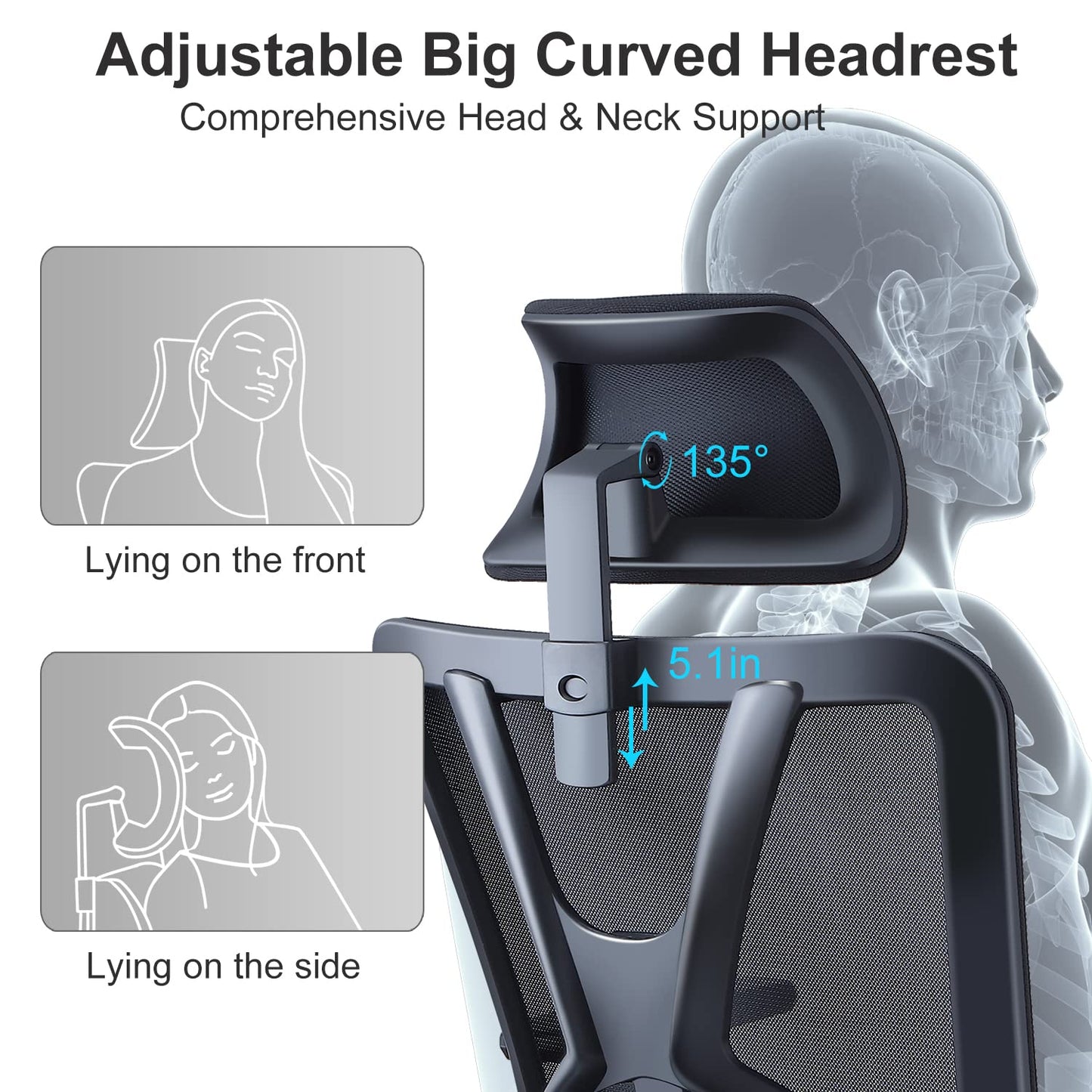 Ticova Ergonomic Office Chair - High Back Desk Chair with Adjustable Lumbar Support & 3D Armrest - 130°Reclining & Rocking Mesh ComputerChair with Thick Seat Cushion & Rotatable Headrest