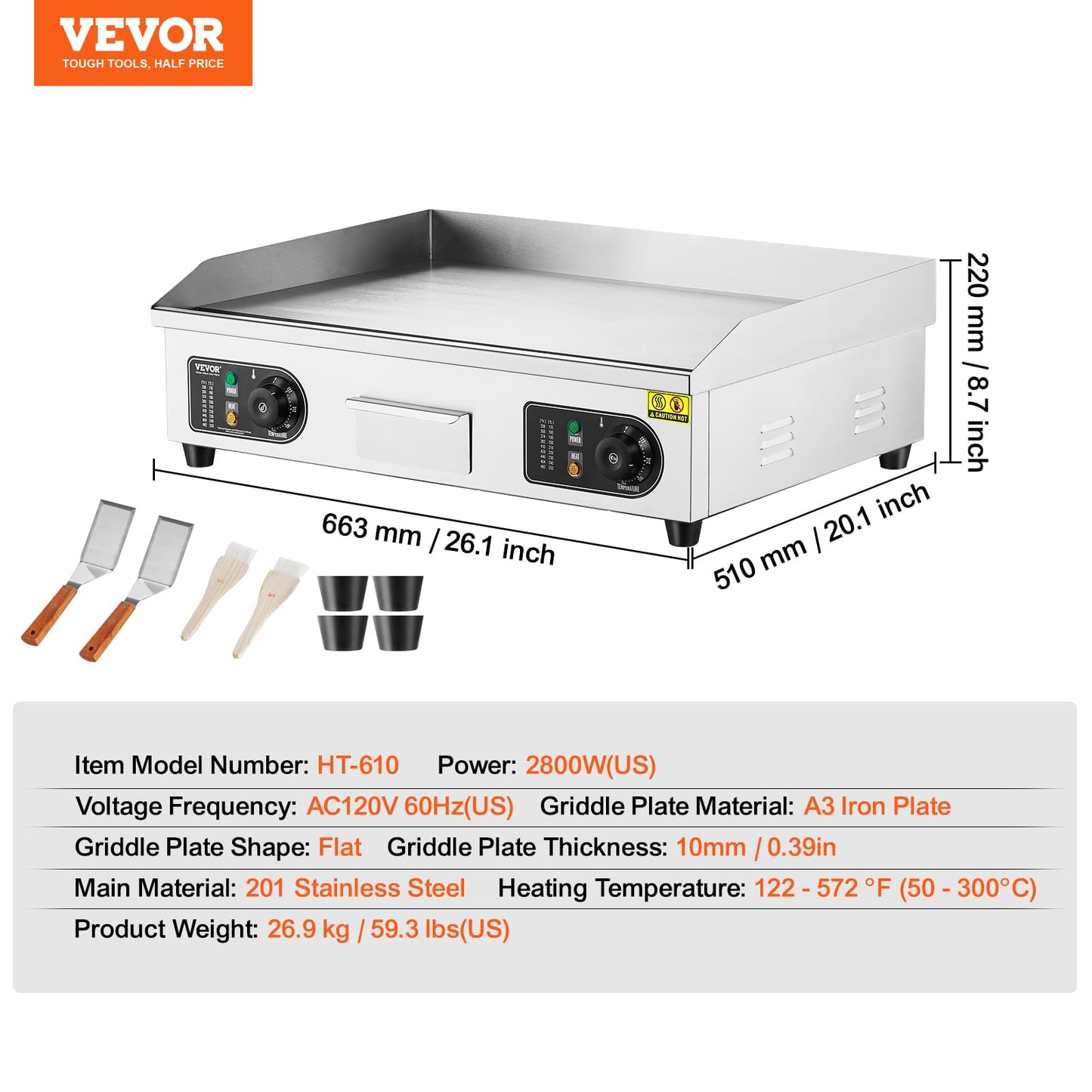VEVOR Upgraded Commercial Electric Griddle, 2800W Stainless Steel Countertop Flat Top Grill, 26'' Griddle Grill with 2 Shovels and 2 Brushes, 122℉-572 ℉ Adjustable Temp, for Home Restaurant(No Plug)