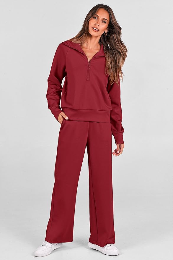 PRETTYGARDEN Women's 2 Piece Outfits Casual Lapel Half Zip Sweatshirts and Wide Leg Pants Tracksuit Sets