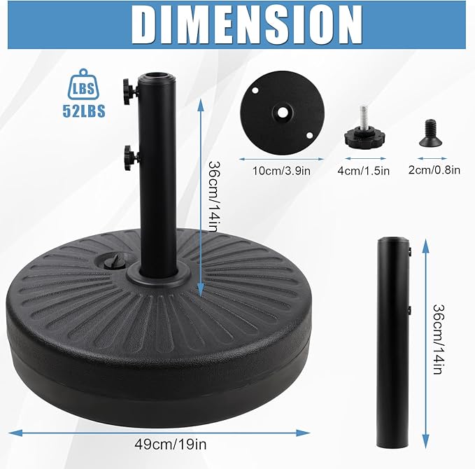 Gzdisbek Heavy Duty Umbrella Round Base Stand with Steel Umbrella Holder, Water or Sand Fillable for Outdoor, Patio, Market, Lawn, Garden, 50lbs Weight Capacity, 20inch (Black)