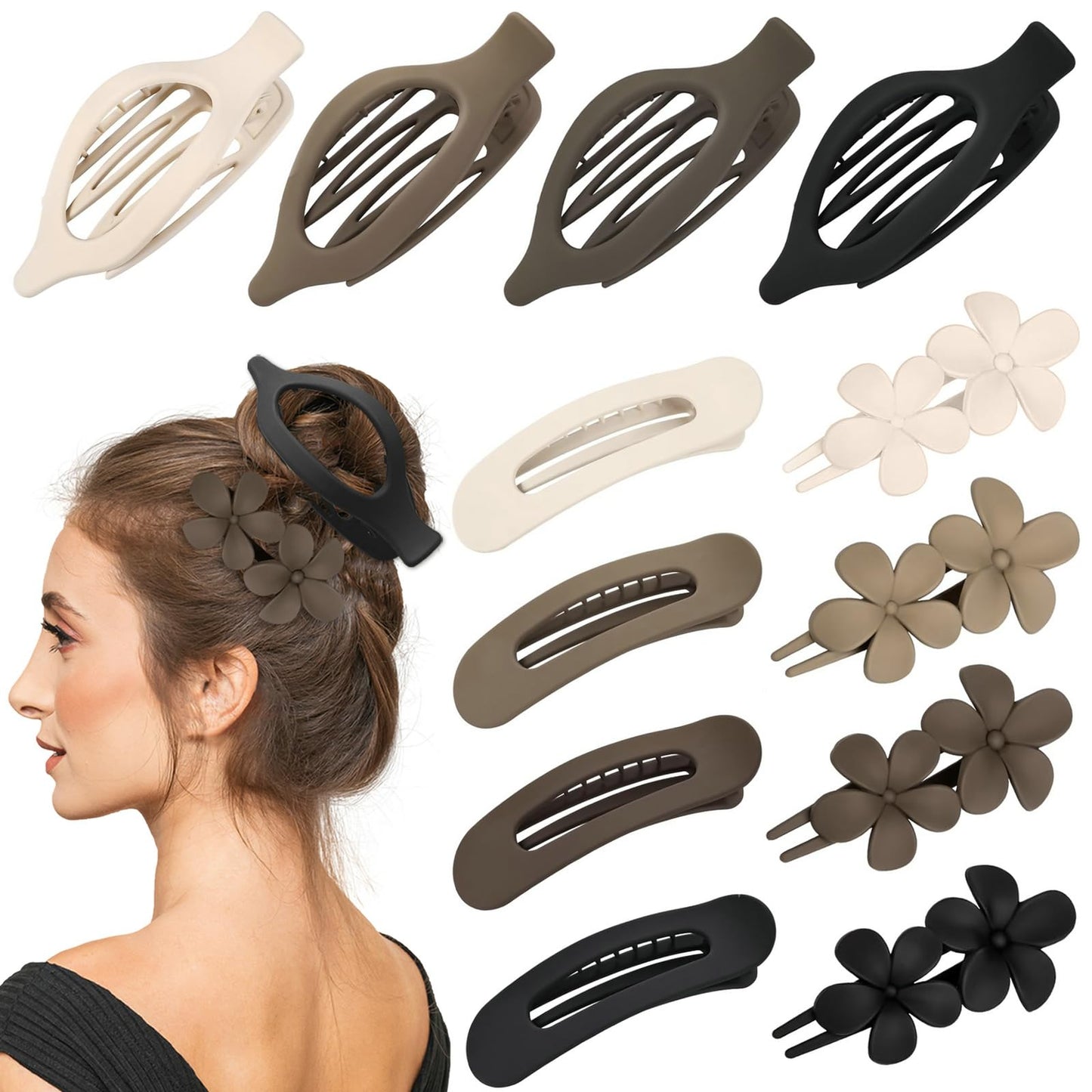 12 Pcs Neutral Colors Flat Hair Clips, YINGFENG Flat Claw Clip for Women, Matte Non-Slip Flower Claw Clips for Thin Thick Hair,