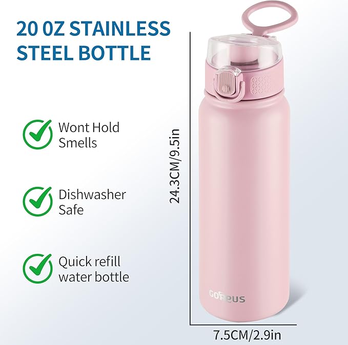 GOPPUS Insulated Water Bottle 20oz Stainless Steel BPA-Free Sports Bottle Ideal for School and Travel Silicone Spout Lid Prevents Leaks, Sweat, and Dust (Soot powder)