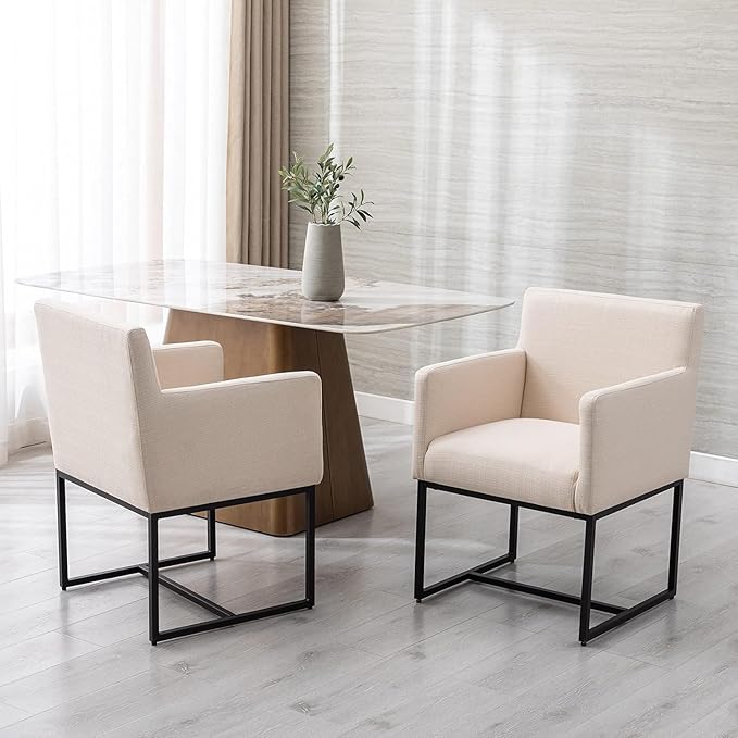 BESTANO Linen Upholstered Dining Chairs with Arms Set of 4 Mid Century Modern Accent Chairs Armchairs with Black Metal Frame, Modern Kitchen & Dining Room Chairs, Cream
