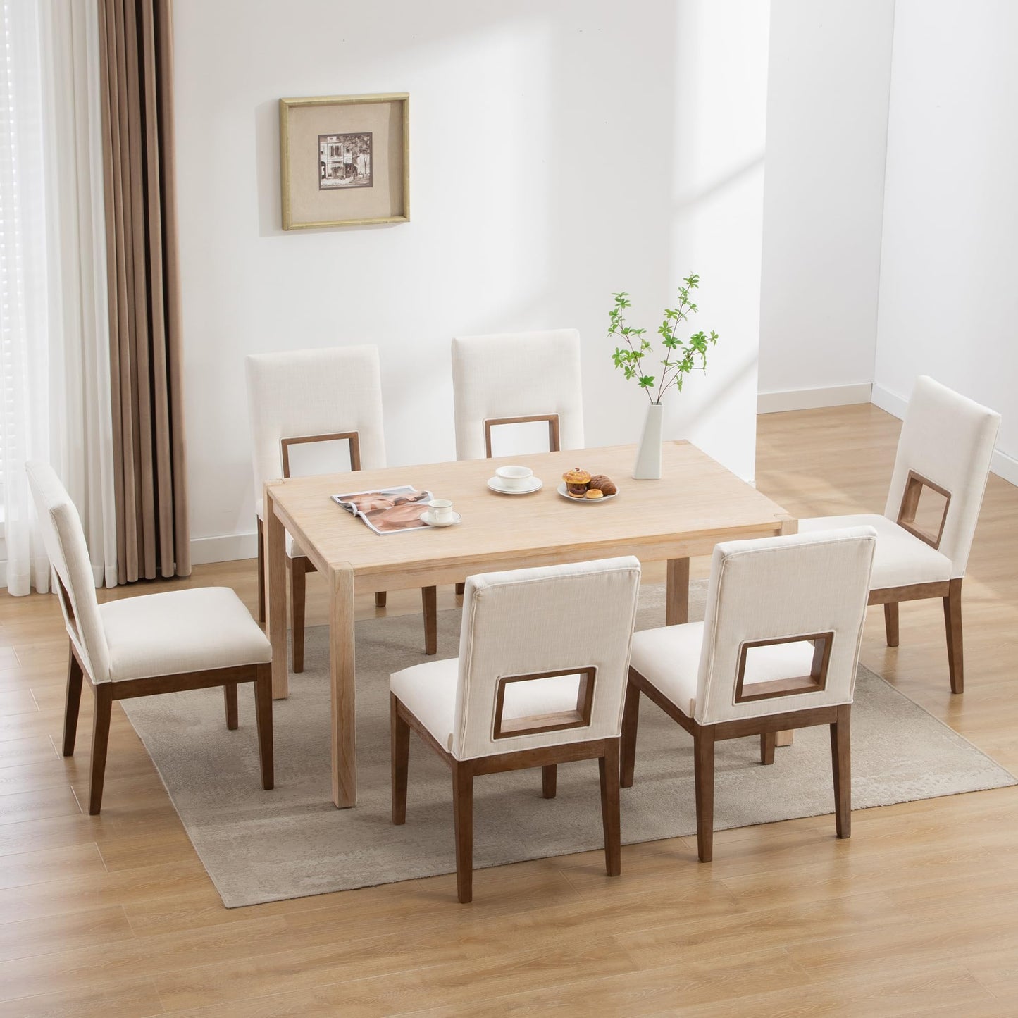 LZAREAL Modern Farmhouse Dining Chairs with Open Back Set of 4 Upholstered Linen Wood Dining Room Chair with Back Wooden Chairs for Restaurant Dining Room Kitchen, White