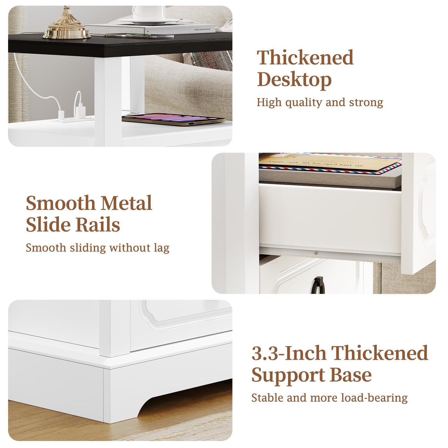 Concho 21.3" Farmhouse Nightstand with Charging Station, Modern End Table with 2 Drawers & Open Shelf, Wood Side Table with Storage, Large Bedside Cabinet for Bedroom, White