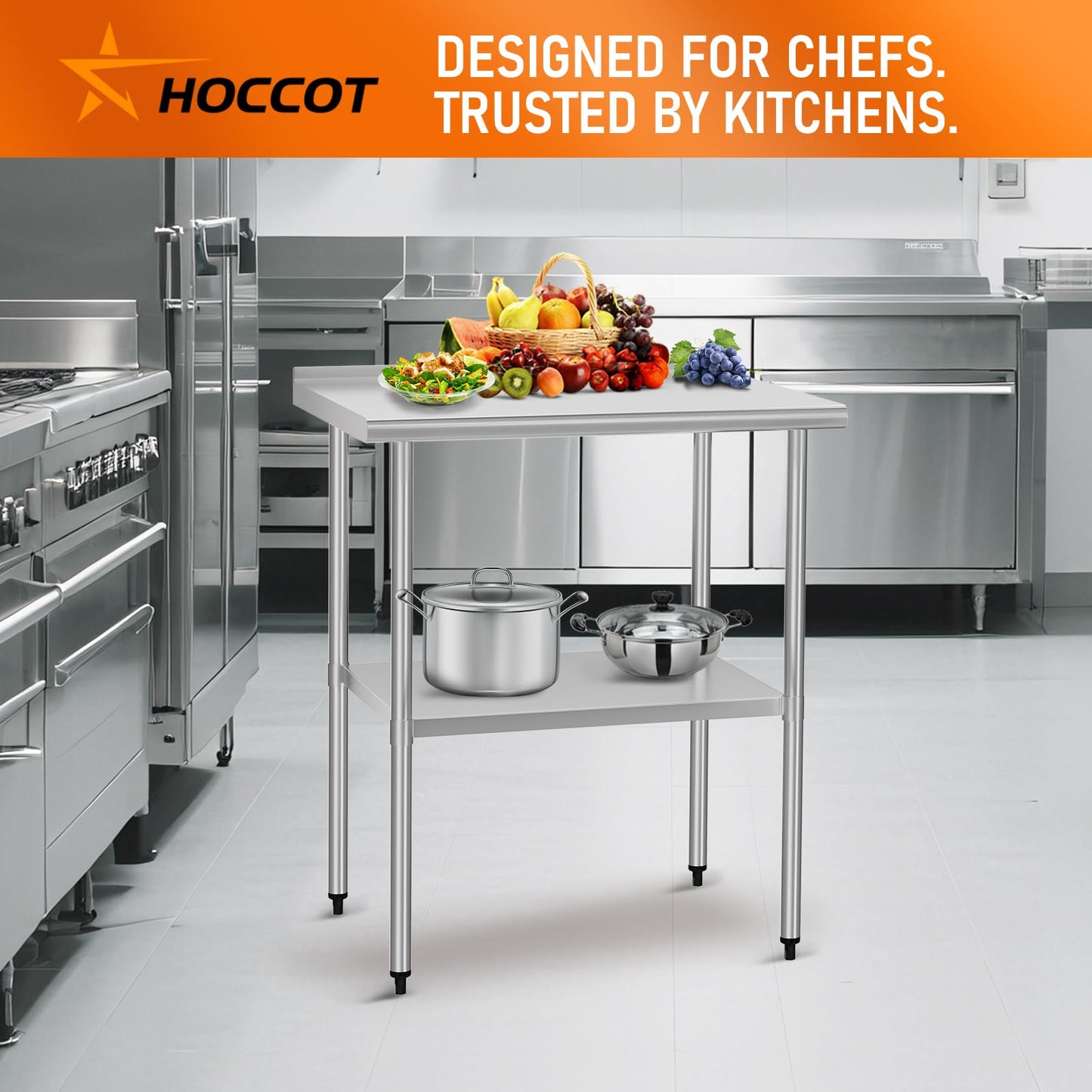 HOCCOT Stainless Steel Table 24" x 30" with Adjustable Undershelf and Backsplash, Commercial Metal Workstations for Kitchen, Garage, Outdoor BBQ