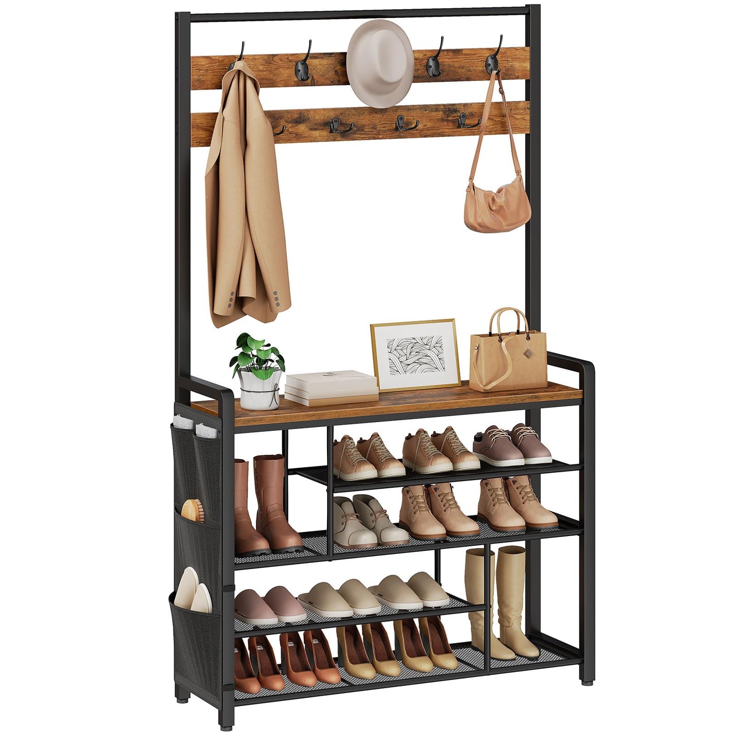 HOOBRO Hall Tree with Bench, Shoe Rack with Coat Rack, 39.4" Coat Rack with Shoe Storage, 5 Tier Shoe Storage Organizer, Oxford Fabric Side Pockets, Coat and Shoe Rack Entryway, Rustic Brown BF46MT01