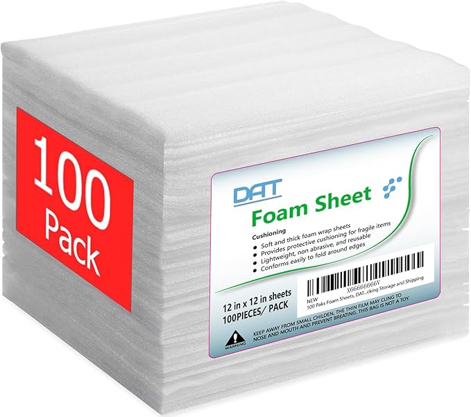 100 Pack Foam Sheets, DAT 12" x 12", 1/16" Thickness, Foam Wrap Cushioning Material, Moving Supplies for Packing Storage a...