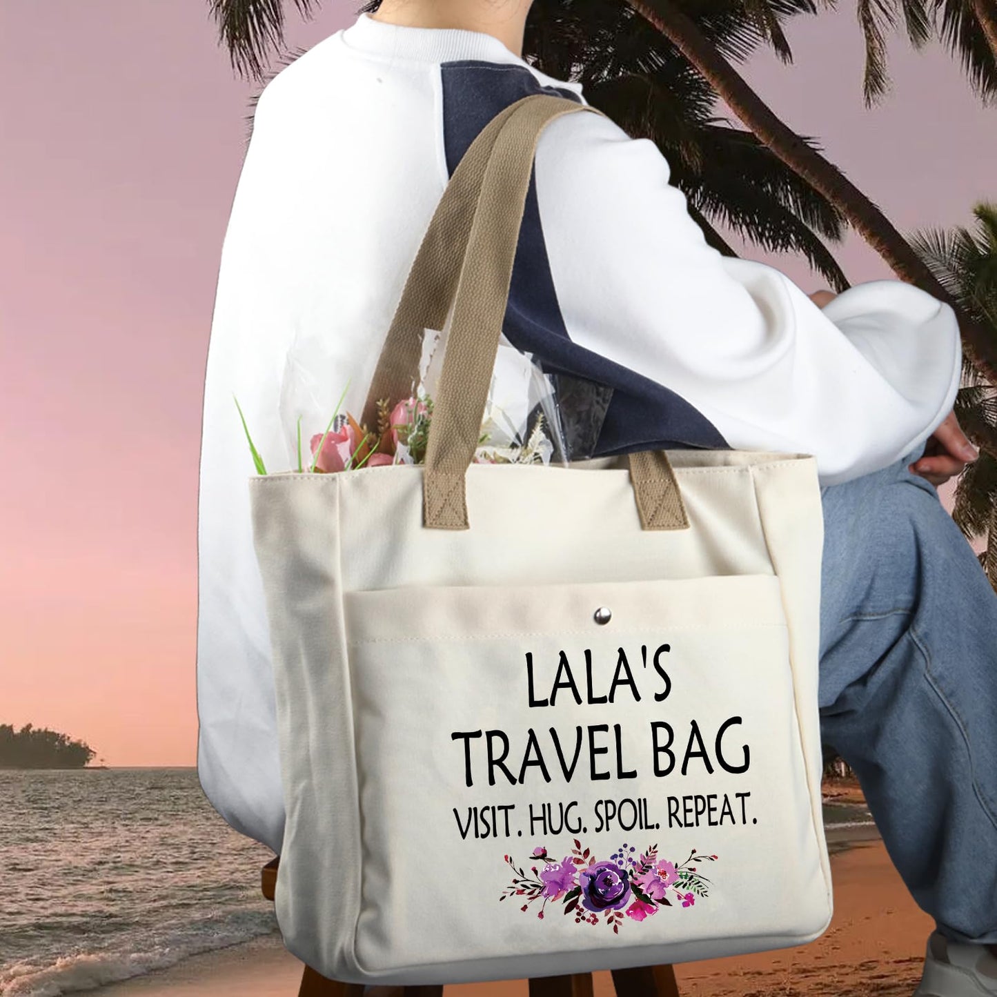 WCGXKO Lala Gift Best Lala Gift Lala Birthday Gift Lala’s Travel Bag Visit Hug Spoil Repeat Tote Bag (LALA TB), Large