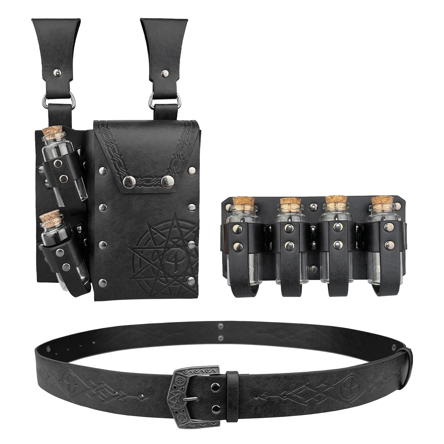 EpicCos 3 PCs Medieval Alchemy Belt Waist Pack Combo with Multiple Potion Bottles, Viking Rivet Belt Side Pouch for Cosplay (Black D)