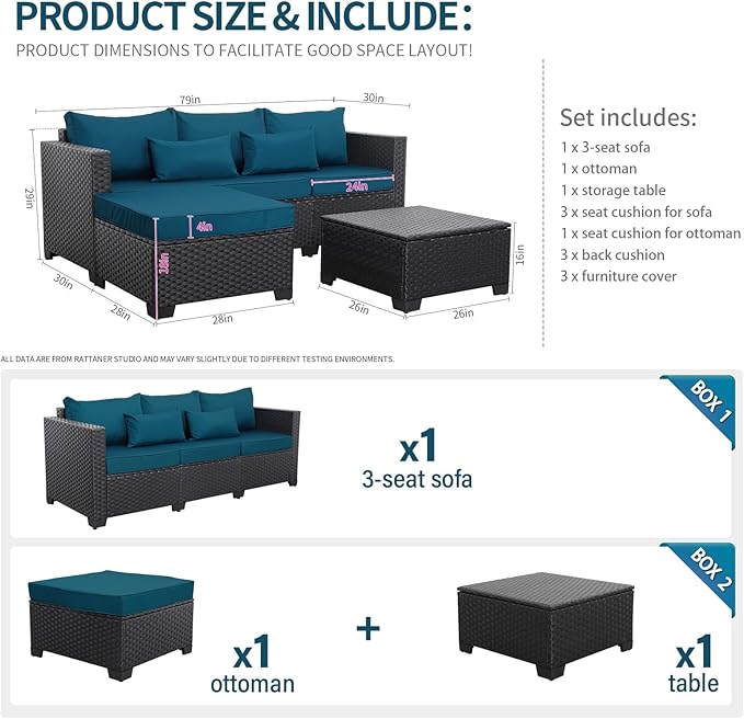 Rattaner Wicker Patio Furniture Set - 3 Piece Outdoor Sectional Couch with Storage Coffee Table, All-Weather Non-Slip Cushions & Waterproof Covers, Peacock Blue