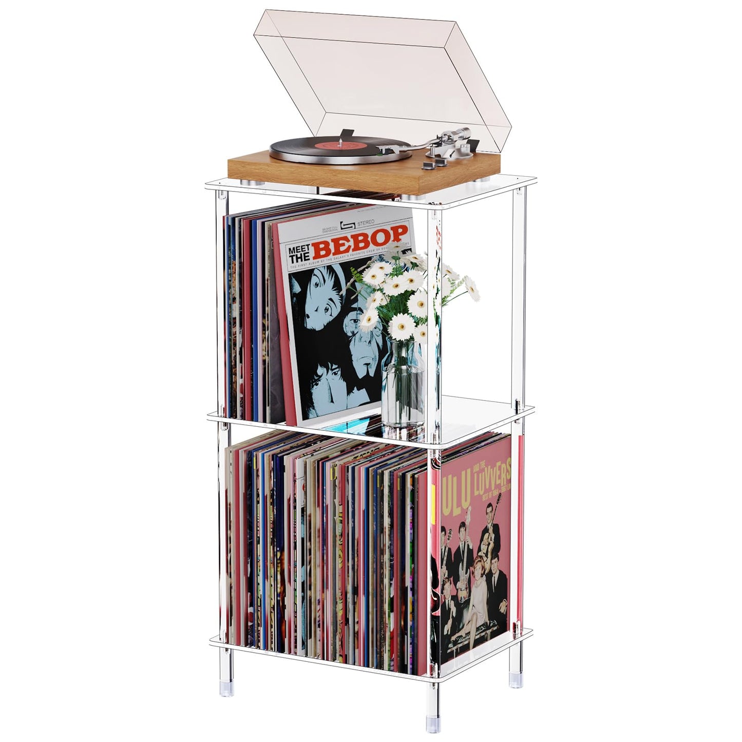 Bkemiy Acrylic Record Player Stand, 3-Tier Clear Turntable Table with Vinyl Record Storage, 15.75" L x 11.81" W x 30.7" H, Modern Side Table/End Table