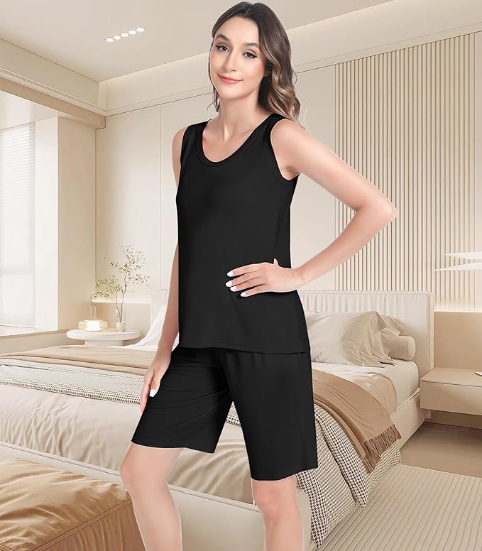 NACHILA Pajamas for Women-Viscose from Bamboo, Ribbed Racerback Tank Top Sexy Split Shorts Pajama Sets Cooling Sleep Cami Pjs